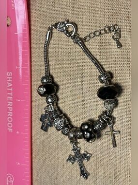 Silver-Tone Black Bead Cross Charm Bracelet